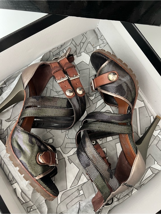 Miss Sixty Shoes - Miss Sixty Iridescent Black Strappy High Heel Sandals with Brown Accents